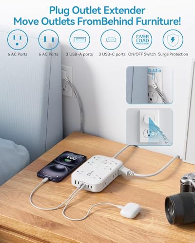 Flat Multi Plug Extender with 6 USB Wall Charger(3 USB C), 12 AC Outlets Wall Adapter, 3 ft Thin Extension Cord, Flat Plug Surge Protector Power Strip (2100J) for Home, Office, College Dorm. White - size: 3 FT, style: 12AC+3U3C