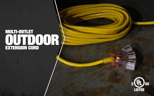 Southwire Heavy Duty Extension Cord, 100ft, 12 Gauge, 3 Conductor, General Purpose Cord, Lighted End, SJTW, Yellow, 4189SW8802