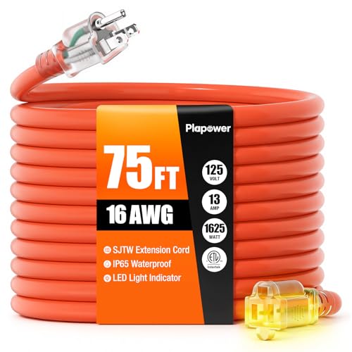 75 FT Outdoor Extension Cord Waterproof, 16/3 Gauge Heavy Duty 3 Prong Power Cord with Lighted Indicator End, 13A 125V 1625W SJTW, ETL Listed, Great for Lawn/Garden/Home(Orange) - color: Orange, size: 75 Ft