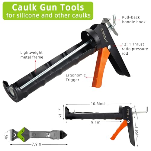 Variety Caulking Tool Kit, 2 Gray Silicone Sealant, Hand Caulking Guns and 5 in 1 Scraper/Smoothing Tool, Sandpaper, Gloves and Masking Tape, with All-Purpose 100% Silicone Caulk 20.2 Oz