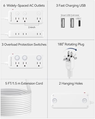 2 Prong Power Strip - 2 Prong to 3 Prong Outlet Adapter, 2 Prong Extension Cord with USB C, Surge Protector 1875W with 6 Outlets 3 USB, Three Prong Adapter 5ft, Wall Mount, Non Grounded, Old House - size: 5 FT-Two Prong