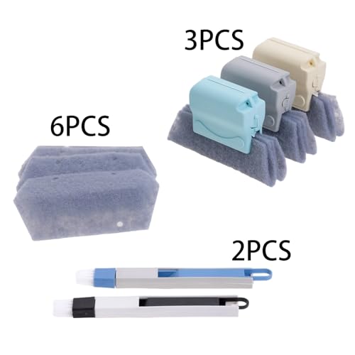 Magic Window Track Cleaning Tools Set, Window Sill Track Cleaner Tools, Clean Scraper, 3Pcs Cleaning Brush and 6Pcs Replacement Cloth, 2Pcs Clean Brush