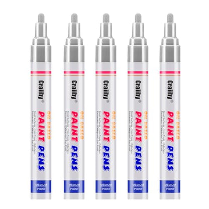 Craiiby Silver Paint Markers, 5 Pack Oil-Based Waterproof Quick Dry Permanent Paint Pen Set for Rocks Painting, Wood, Fabric, Plastic, Canvas, Glass, Mugs, Metal, Tire, Stone, DIY Craft, Grey, Gray - color: Silver