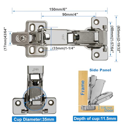 2 Pack 180 Degree Frameless Full Overlay Cabinet Doors Hinges,Clip ON Plate, Concealed Hydraulic Adjustable Mounting, Soft Closing Nickel-Plated Steel Buffer Dampers, 180 Degree Hinge - color: 180°-2pcs