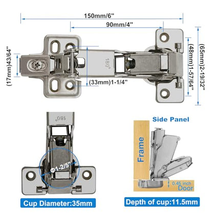 2 Pack 180 Degree Frameless Full Overlay Cabinet Doors Hinges,Clip ON Plate, Concealed Hydraulic Adjustable Mounting, Soft Closing Nickel-Plated Steel Buffer Dampers, 180 Degree Hinge - color: 180°-2pcs