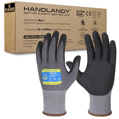 HANDLANDY 6 Pairs Safety Work Gloves with MicroFoam Nitrile Coated - Breathable Nylon Gloves with Grip for Men & Women - size: 11/XX-Large, style: 6 Pairs - Gray