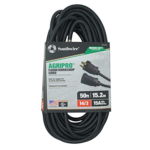 Southwire AgriPro Medium Duty Extension Cord - All-Copper Wire - Extra Durable Molded Plug - Cold Weather Rated - Oil & Chemical Resistant - UL Listed - Farm & Workshop Ready - 50 Foot - color: Black, size: 14/3 Gauge, style: 50 ft