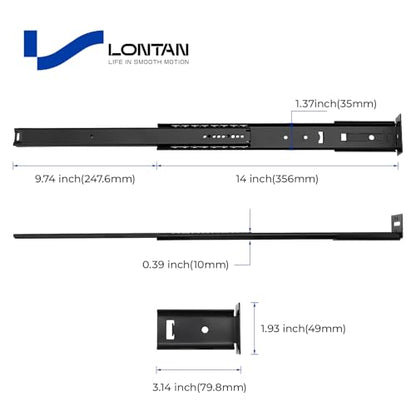 LONTAN 5 Pcs Black Center Mount Drawer Slides 14 Inch - Bottom Centered Drawer Mount 3/4 Extension Heavy Duty Drawer Glides for Cabinets, Dressers, and Furniture – Smooth and Quiet Operation - size: 14 Inch