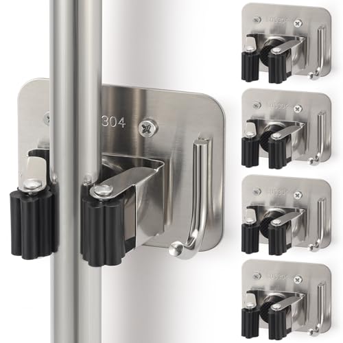 Broom Holder Wall Mount Screw Drilling, Sturdy Heavy Duty Stainless Steel Mop Gripper Rack Perforated, Perfect for Laundry Room Organizer, Fit with Laundry Kitchen Garage Garden Storage System - color: Silver-Black