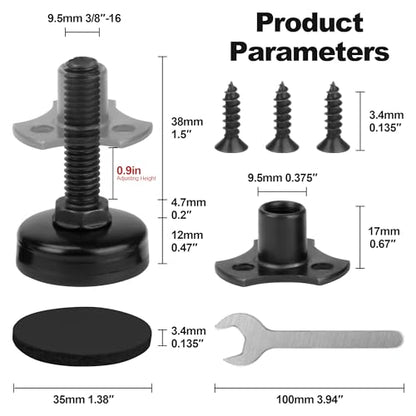 FivePears Heavy Duty Adjustable Furniture Levelers, 2640Lbs Max Support of 8pcs, Furniture Leveling Feet for Sofas, Cabinets, Tables, Chairs, Workbench, 3/8”-16 Thread T-Nut Kit, Black