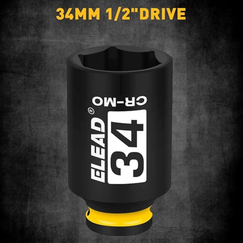 ELEAD 34 mm Socket 1/2" Drive Deep Impact Socket, Metric 6 Point 1/2-inch Drive Impact Axle Nut Sockets, CR-MO Nut Socket Set, Tools for Easy Removal of Axle Shaft Nuts - color: 34mm