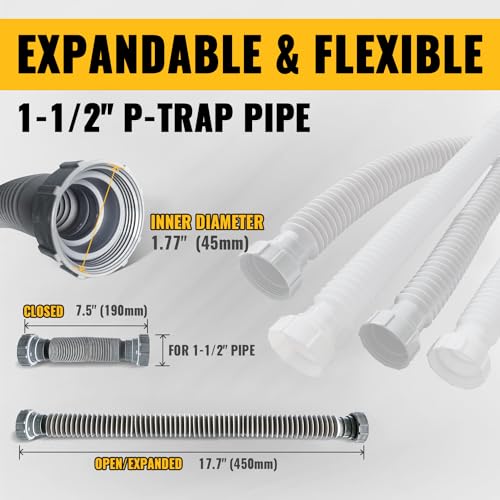 VIVIDA Sink Drain Pipe 1-1/2", Flexible Drain Pipe, 7.5"-17.7" Expandable Flexible P Trap for Bathroom and Kitchen, Under Sink Plumbing, 1-1/4" Adapter Included, Gray, 1 PACK - color: Gray, size: 7.5" to 17.7"