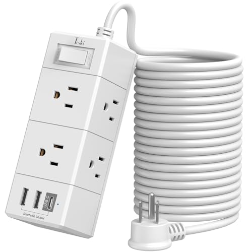 20Ft Extension Cord Flat Plug Power Strip - Tcstei 3-Side Outlet Extender with 6 AC Outlets and 3 USB Ports (1 USB C), Compact for Home, Office, Dorm Room Essentials, White - color: White, size: 20 Ft
