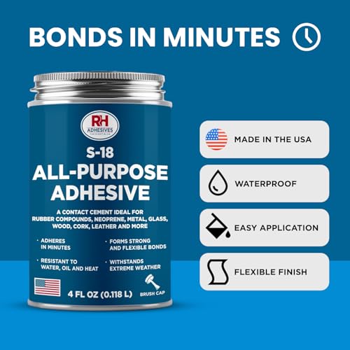 S-18 All-Purpose Adhesive, 4 oz. can - Multi-Purpose, Rubber, Metal, Leather, Felt, Wood, Neoprene, Glass, Flexible, Waterproof, Long Lasting - RH Adhesives - size: 4 oz