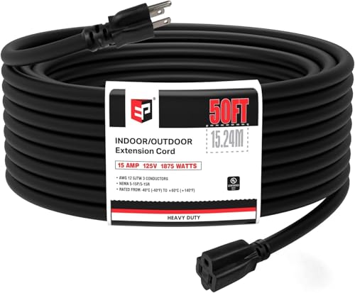 EP 50 Ft Outdoor Extension Cord - 12/3 SJTW Heavy Duty Black Extension Cable with 3 Prong Grounded Plug - Power Cord for Lawn, Garden, Appliances - color: Black, size: 50ft