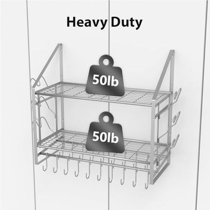 VyGrow 28 Inch Pot Rack Wall Mounted, 2 Tier Pots and Pans Organizer with 20 Hooks and 6 Pot Lid Holders, Heavy Duty Steel Pot and Pan Hanger for Kitchen Cookware Utensils Storage, Silver - color: 28"W 2 Tier Silver