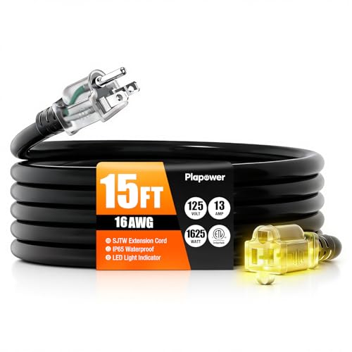 15 FT Outdoor Extension Cord Waterproof, 16/3 Gauge Heavy Duty 3 Prong Power Cord with Lighted Indicator End, 13A 125V 1625W SJTW, ETL Listed, Great for Lawn/Garden/Home(Black) - color: Black, size: 15 FT