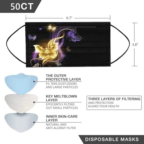 50 PCs Butterfly Disposable Face_Mask for Women,3 Ply Adults Black Butterfly_Mask With Floral Design Fashion Facemask Women Men