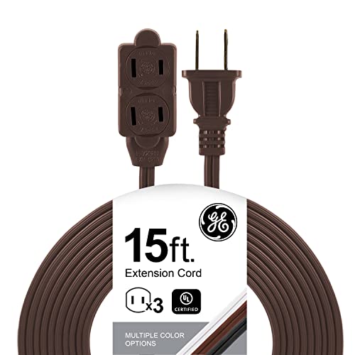 GE 3-Outlet Extension Cord with Multiple Outlets 15 Ft Power Strip 2 Prong 16 Gauge Twist-to-Close Safety Covers Outdoor Extender UL Listed Brown 51957 - color: Brown, size: 15 Ft
