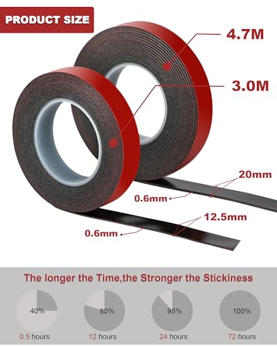 VHB Double Sided Tape, Thin Double Sided Mounting Tape, 2cm × 4.7m Black Adhesive Tapes, Heavy Duty Waterproof High Temperature Resistant for LED Strips, Car Decor, Home Office - size: 2cm*4.7m