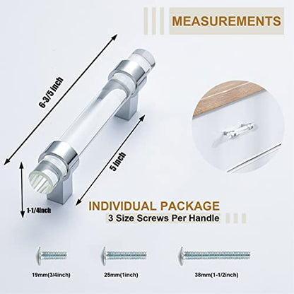 5 Pack Glass Drawer Pulls Crystal, Cabinet Handles, Kitchen Cabinet Pull Dresser Pulls(5 Inch Hole Center), Polished Chrome - color: Polished Chrome, size: Hole Center : 5 Inch (128mm), style: 5 Pack