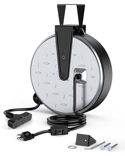 DEWENWILS Metal Extension Cord Reel,30FT Retractable Extension Cord, 16AWG/3C SJTW Power Cord, 3 Electrical Outlets, 10A Circuit Breaker, Wall or Ceiling Mountable for Workshop, Garage, UL Listed - color: Silver/Black-black Cord