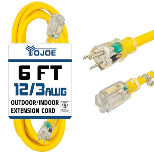 YOJOE Indoor Outdoor Extension Cord with Lighted End, 3 Prong 15A Weatherproof Power Cord, 12 Gauge Heavy Duty 6 ft Yellow Extension Cord for Garage, Garden and Home, 12/3 SJTW UL Listed - color: Yellow, size: 6 Foot, style: 12/3 Lighted-End
