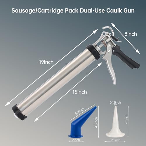 Sausage Caulk Gun,20 oz(600ml) Sausage Foil Pack/10 oz Cartridge Adhesive Dual-Purpose,18:1 Thrust,15” Sealant Manual Caulking Gun Kit With Cone Nozzles and Bent Tip (Sliver-1 Pack) - size: 1 Pack