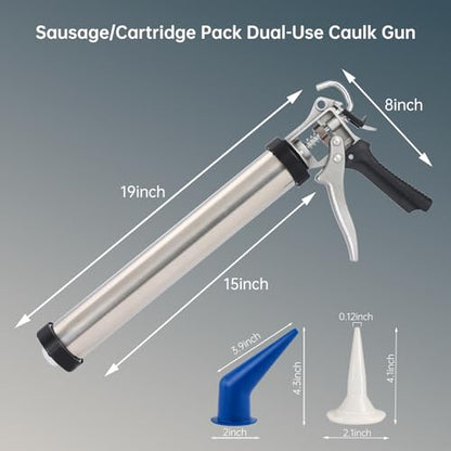 Sausage Caulk Gun,20 oz(600ml) Sausage Foil Pack/10 oz Cartridge Adhesive Dual-Purpose,18:1 Thrust,15” Sealant Manual Caulking Gun Kit With Cone Nozzles and Bent Tip (Sliver-1 Pack) - size: 1 Pack