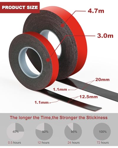 Double Sided Tape Heavy Duty, 1.1mm Thin VHB Double Sided Mounting Tape, 12.5mm x 3m Adhesive Tapes, Extra Strong Waterproof High Temperature Resistant for Car Home Office Decoration - size: 1.25cm*3m