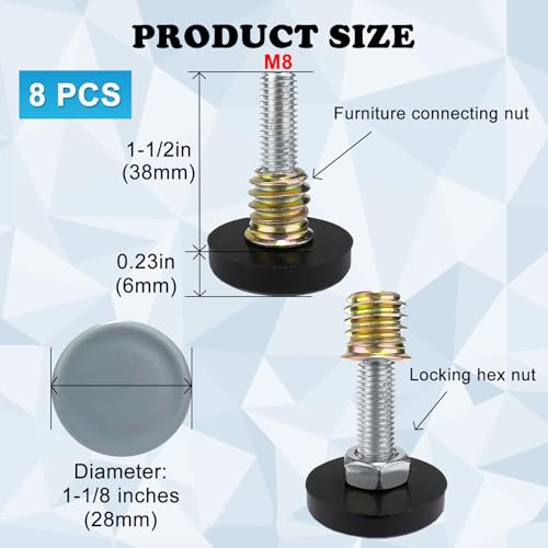 WAFJAMF M8 Thread Leveling Feet PTFE(Teflon) Bottom(28mm Base), Adjustable Furniture Feet Threaded Screw in Furniture Glide Leveler for Carpet and Hardwood Surface (28mm Base M8x1.5-8 Pack) - size: 28mm Base M8x1.5"-8 Pack