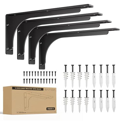 BATODA 14" x 6" L Bracket with Beam - Shelf Brackets Black 300 Lbs Capacity - Heavy Duty Shelving Brackets for Floating Shelves - Wall Mounted Support for DIY – Mounting Hardware Included (Pack 4) - size: 14 Inch