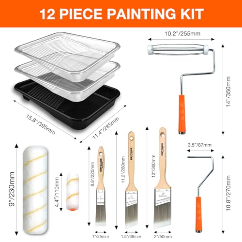 Paint Tray Set, 12 Pack Paint Tray with Liner, Paint Brush for Wall, Paint Roller Covers Liners with Wire Roller Frame for Home Improve Painting Walls, Ceilings, Trim, Siding - color: 12 Pack, 9" Paint Trays