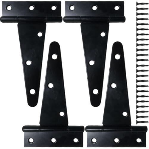 6 Inch Heavy Duty Door Hinges, 4 Pack Black T Strap Hinges, 2.4mm Thick Steel, 7.6 oz Each, Powder Coated, Screws Included, for Wood & Metal Doors, Shed Door Hinges & Gate Hinges, Outdoor - size: 6in-4pcs