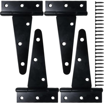 6 Inch Heavy Duty Door Hinges, 4 Pack Black T Strap Hinges, 2.4mm Thick Steel, 7.6 oz Each, Powder Coated, Screws Included, for Wood & Metal Doors, Shed Door Hinges & Gate Hinges, Outdoor - size: 6in-4pcs