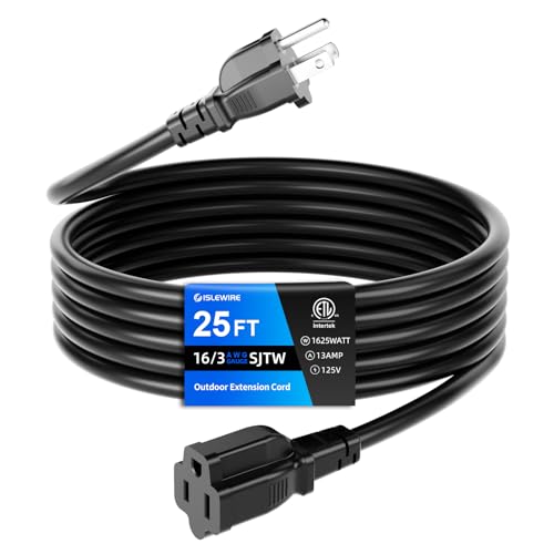 25 FT Outdoor Extension Cord Waterproof, Black, 3-Prong Power Cord, 16 AWG SJTW, 13A 1625W, Grounded, General Purpose Long Extension Cord for Lawn & Garden, ETL Listed - size: 25FT