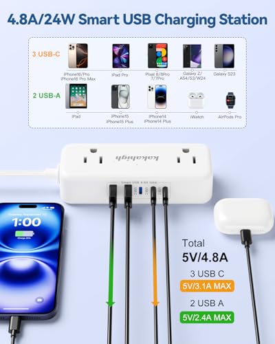 Split Extension Cord 10FT (5FT on Each Side), Single Flat Plug Twin Extension Cord with 4 AC Outlets, 2 USB-A & 3 USB-C(24W/4.8A), Nightstand Charging Station for Bedroom Dorm Room Home, His and Hers - size: 5ft