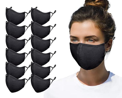 Simlu 12 Pack Premium Fabric Face Mask Reusable with Adjustable Elastic, 2 Layer,Cotton, Breathable, Nose Wire Black Cloth face Mask Washable Fits Men Women and Kids Made In USA - color: 12 Pack