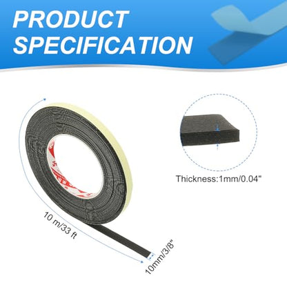 PATIKIL 3/8 Inch x 33 ft Weather Stripping Door Seal Strip, 1mm Thick EVA Self Adhesive Foam Seal Tape for Door Window Insulation, Black - size: 3/8 Inch x 33 Ft