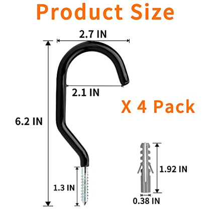 Febwind 4 Pack Heavy Duty Bike Hooks - Screw in Bike Hangers for Garage Ceiling and Wall - Bicycle Storage and Hanging Wall Mount Hanger Black