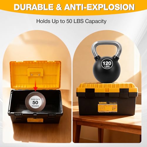 Tool Box Set of 4, Large Plastic Tool Box Waterproof with Organizer Tray, Heavy Duty Stackable Toolbox Storage Case Portable Tool Box (Black & Yellow, 13/15/17/19 in)