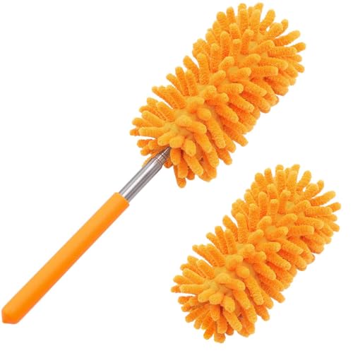Microfiber Duster for Cleaning, Tukuos Hand Washable Dusters with 2pcs Replaceable Microfiber Head, Extendable Pole, Detachable Cleaning Supplies for Office, Car, Window, Furniture, Ceiling Fan - color: Orange, size: 2 Attachments