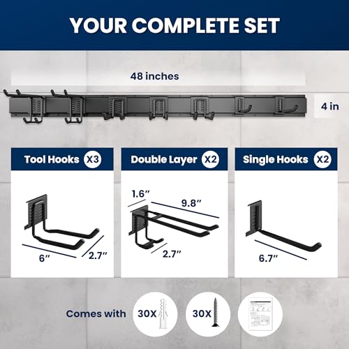 48'' All-Metal Garage Tool Organizer Wall Mount Heavy-Duty Tool Rack Holds 450 lbs, Adjustable Hooks for Garage, Yard, and Garden Equipment - size: 48" Alloy Steel