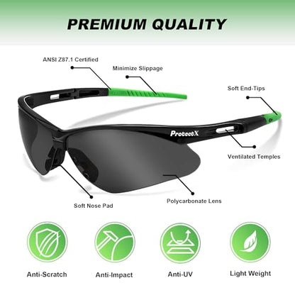 ProtectX Safety Glasses for Men & Women, Safety Sunglasses with Anti-Fog Scratch Resistant Lenses, Non-Slip Grips, ANSI Z87.1 - color: Evergreen Tinted Smoke 1 Pk