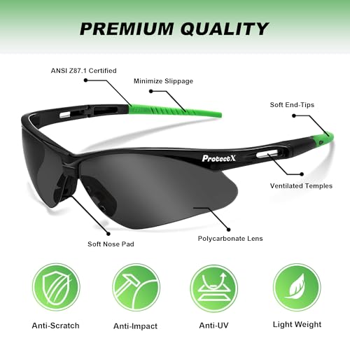 ProtectX Safety Glasses for Men & Women, Safety Sunglasses with Anti-Fog Scratch Resistant Lenses, Non-Slip Grips, ANSI Z87.1 - color: Evergreen Tinted Smoke 6 Pk