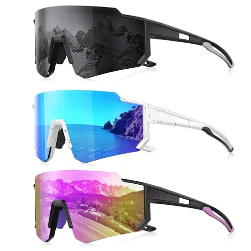 3 Pack Polarized Sunglasses for Men Women, Sports Mens Sunglasses with UV Protection for Baseball Cycling Running - color: C02-gray/Ice Blue/Purple