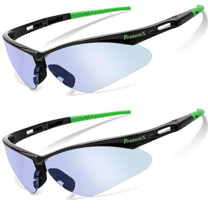 ProtectX Safety Glasses for Men & Women, Safety Sunglasses with Anti-Fog Scratch Resistant Lenses, Non-Slip Grips, ANSI Z87.1 - color: Evergreen Blue Light 2 Pk