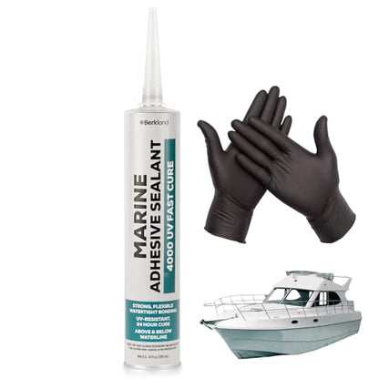 Marine Adhesive Sealant 4000 UV, 10 oz White — Semi-Permanent Watertight Bond Above & Below Waterline, UV Resistant Marine Caulk for Boats, Decks, Hatches & Fittings by Berkland, Compare to 4200