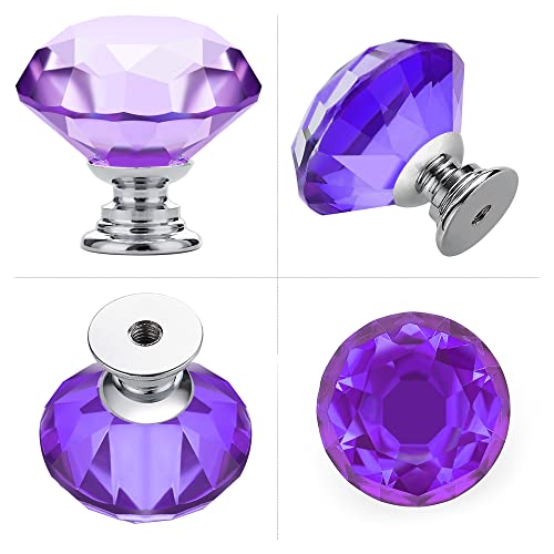 Ravinte 5 Pack Purple Crystal Knobs for Dresser Drawers - 30 mm Glass Cabinet Diamond Shaped Knobs with Silver Base - color: Purple