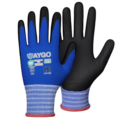 KAYGO Safety Work Gloves MicroFoam Nitrile Coated, 3 Pairs KG18NB,Seamless Knit Nylon Glove with full fingers Touchscreen, Ideal for Automotive,Warehouse,Construction (Small, Blue) - color: Blue, size: Small